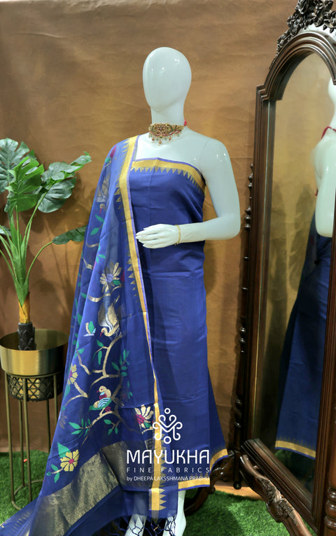 Ponduru Jamdhani Handwoven Suit – Royal Blue with Zari Floral Motifs