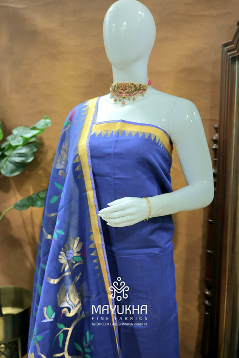 Ponduru Jamdhani Handwoven Suit – Royal Blue with Zari Floral Motifs