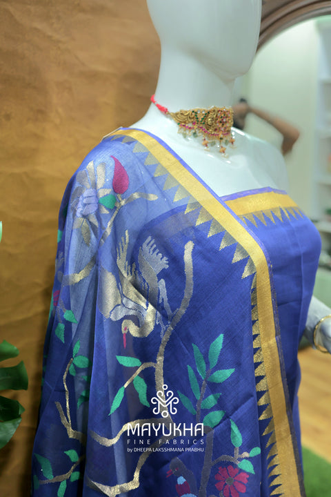 Ponduru Jamdhani Handwoven Suit – Royal Blue with Zari Floral Motifs