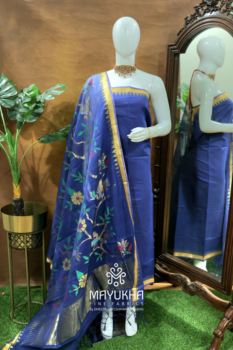 Ponduru Jamdhani Handwoven Suit – Royal Blue with Zari Floral Motifs