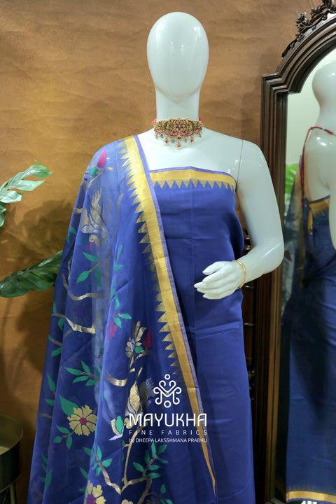 Ponduru Jamdhani Handwoven Suit – Royal Blue with Zari Floral Motifs