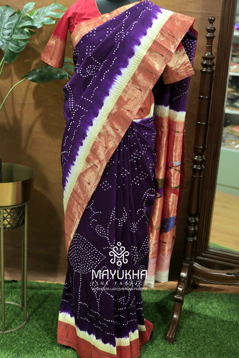 Pathini Bandhini Fusion Saree – Purple & Copper