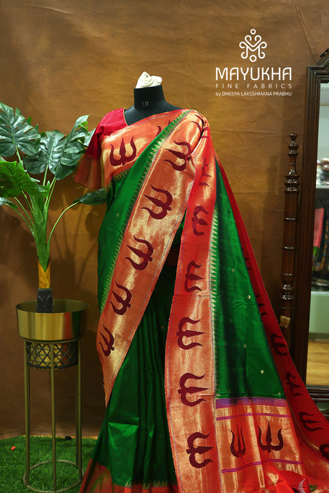 Pathini Silk Saree in Emerald Green with Shiva Motifs & Zari Border