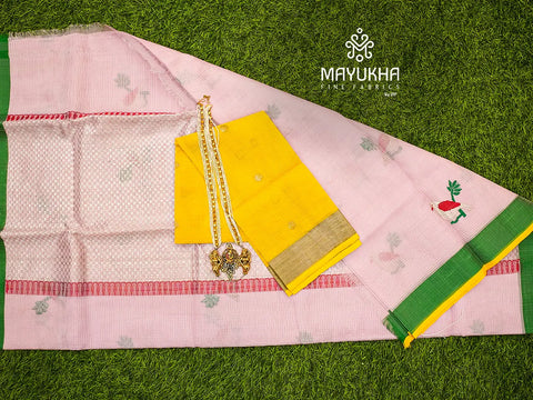 A pastel pink with contrast yellow blouse