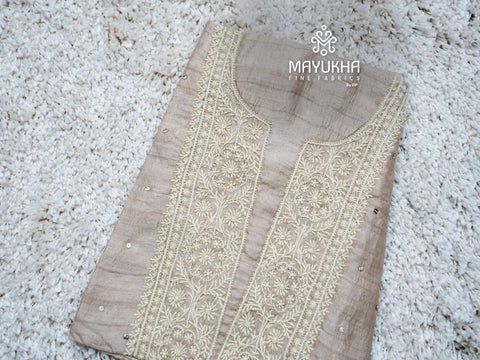 Ivory tussar chikankari dress material with embroidered yoke
