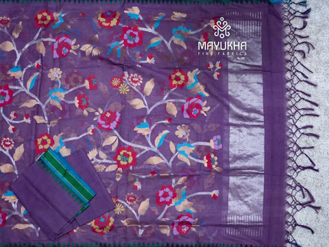 Purple Jamdani suit with an all-over dupatta with floral motifs and silver border