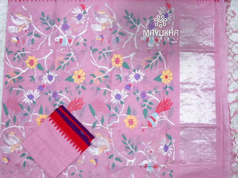 Pretty pastel pink and orange Jamdani suit and the dupatta with bright floral motifs