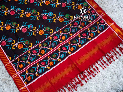 Classic black and red double ikkat Patan patola dupatta with all over floral motifs