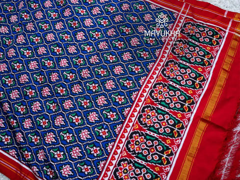 Dark blue and red double ikkat Patan patola with traditional patterns