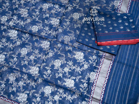Dark blue Banarsi suit with floral motifs