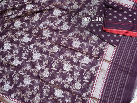 Coffee brown Banarsi suit with floral weaves