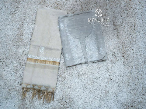 Grey chikankari set with dupatta and white embroidered yoke