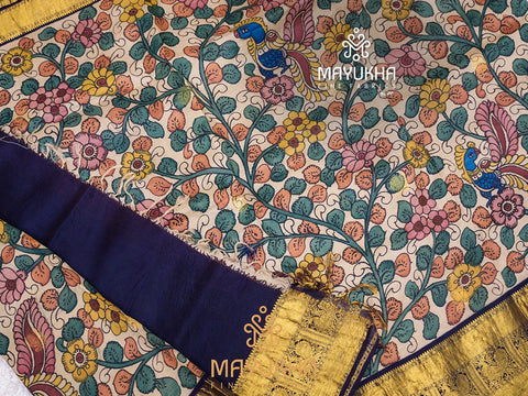 Sandal saree with navy blue and gold border