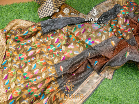 Steel grey with hints of rust banarasi silk saree with bandhej work