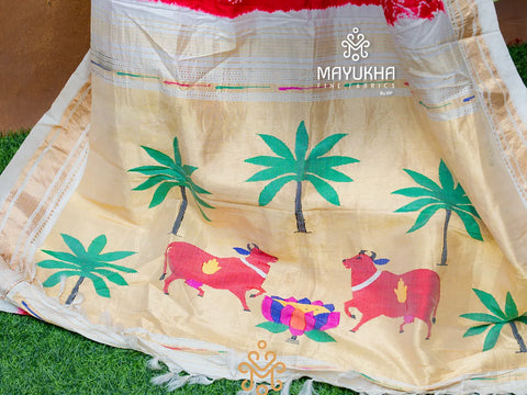 Red bandhej work paithani saree with off white border