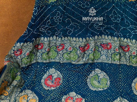 Dark blue benarsi silk fusion saree with all over bandhej work