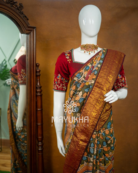 Kanchipuram Kalamkari Saree – Handwoven Silk Elegance