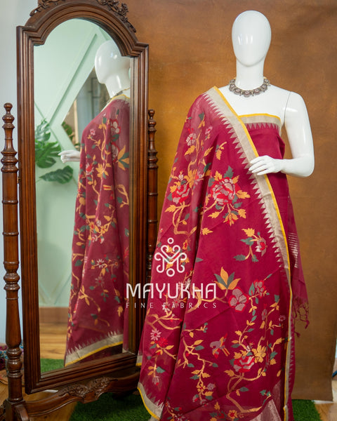 Maroon Pondru Jamdhani Salwar Set – Handwoven Floral Elegance