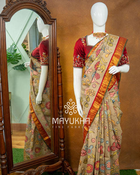 Beige Kanchipuram Kalamkari Saree – Handwoven Silk Elegance