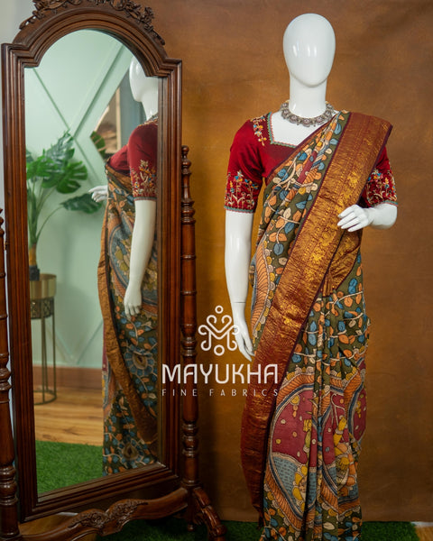 Kanchipuram Kalamkari Saree – Handwoven Silk Elegance