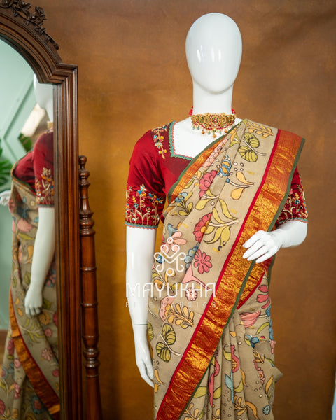 Beige Kanchipuram Kalamkari Saree – Handwoven Silk Elegance