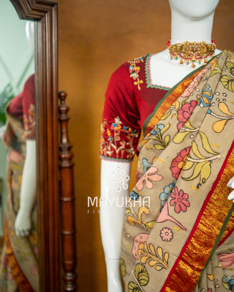 Beige Kanchipuram Kalamkari Saree – Handwoven Silk Elegance