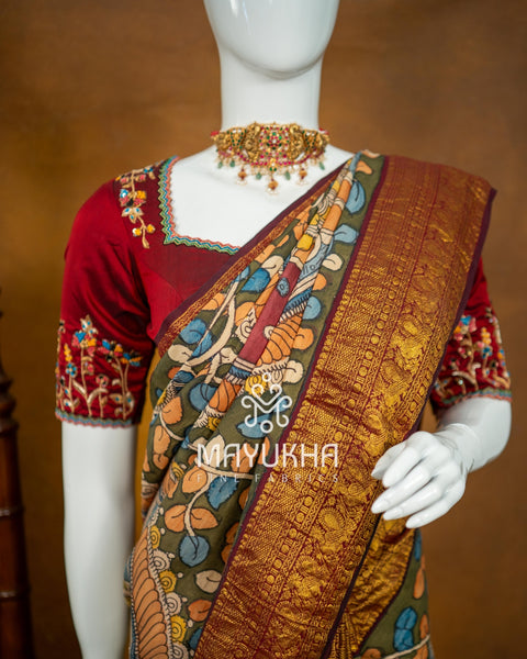 Kanchipuram Kalamkari Saree – Handwoven Silk Elegance