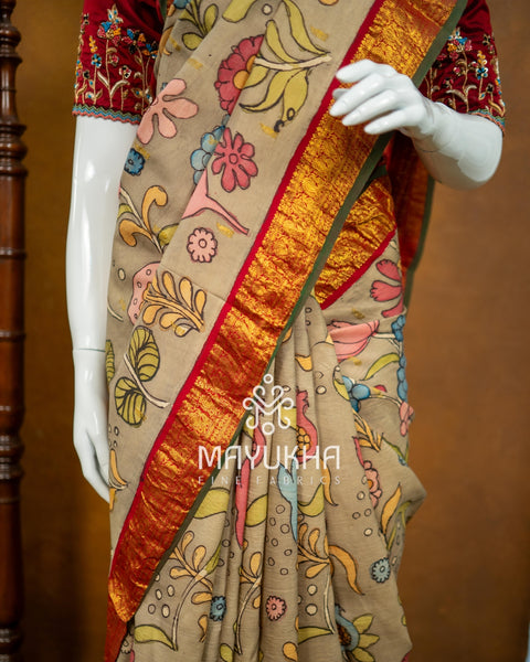 Beige Kanchipuram Kalamkari Saree – Handwoven Silk Elegance