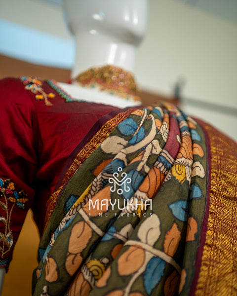 Kanchipuram Kalamkari Saree – Handwoven Silk Elegance