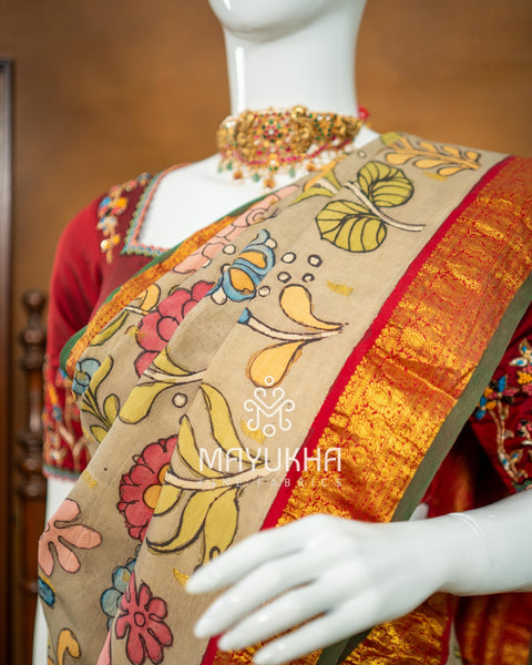 Beige Kanchipuram Kalamkari Saree – Handwoven Silk Elegance