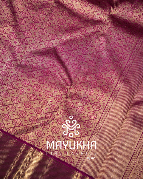 Kancheepuram Magenta Silk Saree with 2 Gram Pure Gold Zari Checks, Buttas & Korvai Border