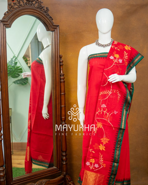 Red Pondru Jamdhani Salwar Set – Handwoven Premium Elegance