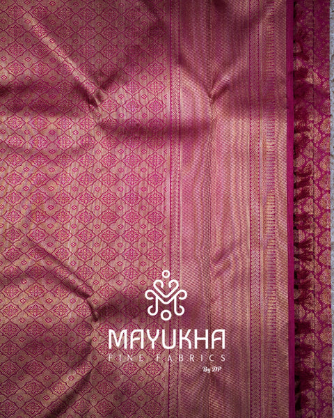 Kancheepuram Magenta Silk Saree with 2 Gram Pure Gold Zari Checks, Buttas & Korvai Border