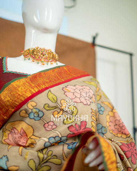 Beige Kanchipuram Kalamkari Saree – Handwoven Silk Elegance