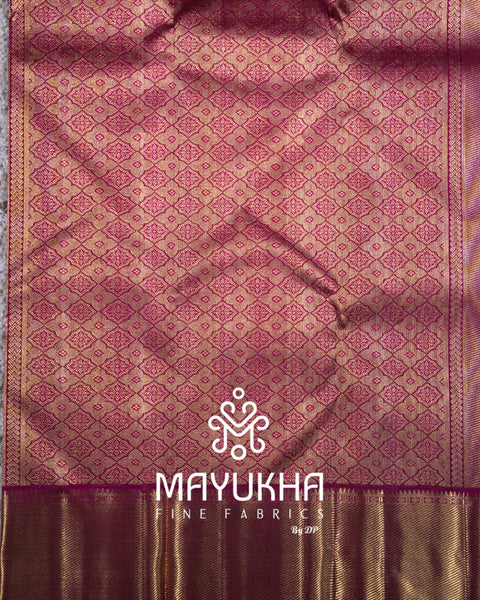 Kancheepuram Magenta Silk Saree with 2 Gram Pure Gold Zari Checks, Buttas & Korvai Border