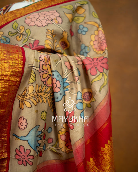 Beige Kanchipuram Kalamkari Saree – Handwoven Silk Elegance