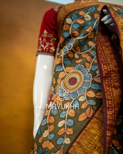 Kanchipuram Kalamkari Saree – Handwoven Silk Elegance