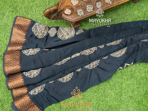 Indigo ajrakh printed  chanderi saree with matching blouse