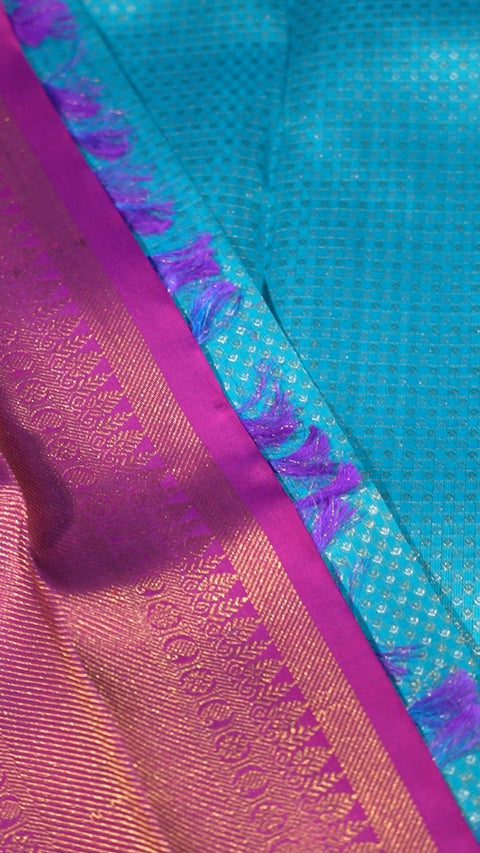 4G Pure Gold Zari Kanchipuram Saree – Turquoise with Magenta Korvai Border