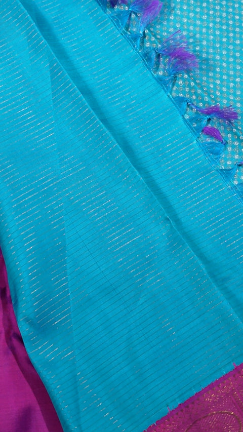 4G Pure Gold Zari Kanchipuram Saree – Turquoise with Magenta Korvai Border