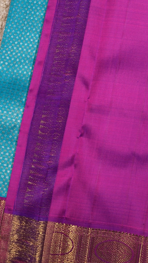 4G Pure Gold Zari Kanchipuram Saree – Turquoise with Magenta Korvai Border