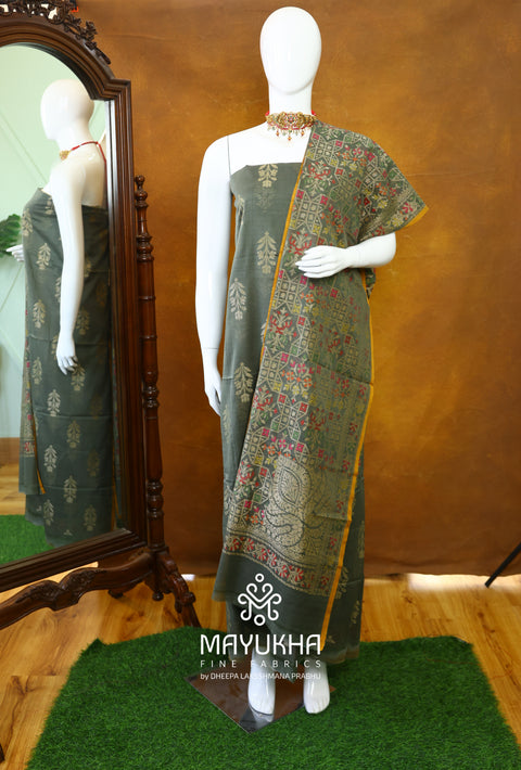 Banarasi Cotton Jamdani Suit – Sage Green with Multicolour Floral & Geometric Weave