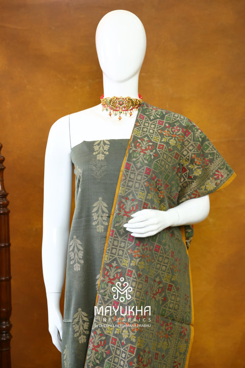 Banarasi Cotton Jamdani Suit – Sage Green with Multicolour Floral & Geometric Weave