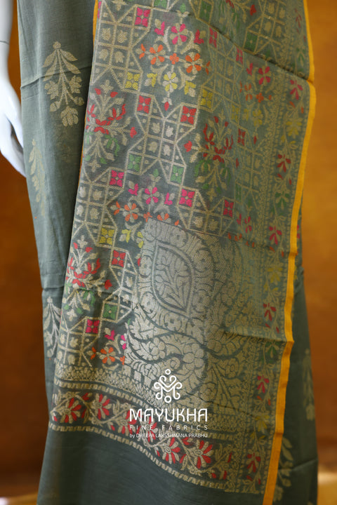 Banarasi Cotton Jamdani Suit – Sage Green with Multicolour Floral & Geometric Weave