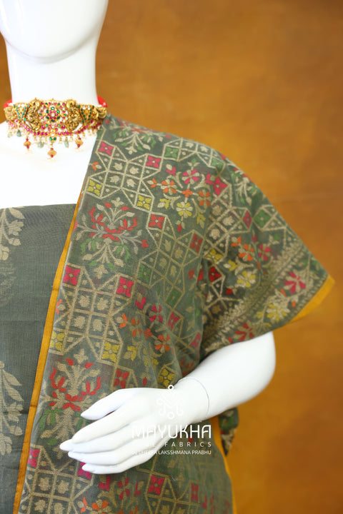 Banarasi Cotton Jamdani Suit – Sage Green with Multicolour Floral & Geometric Weave
