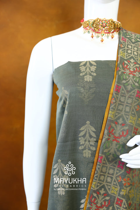 Banarasi Cotton Jamdani Suit – Sage Green with Multicolour Floral & Geometric Weave