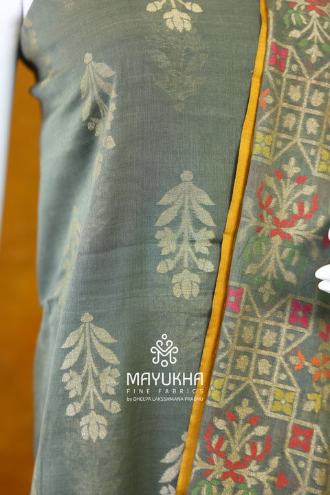 Banarasi Cotton Jamdani Suit – Sage Green with Multicolour Floral & Geometric Weave