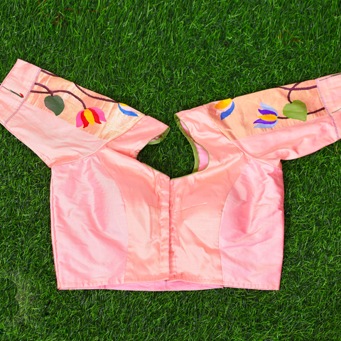 Baby pink  stitched Paithani blouse with floral motifs on the sleeves Mayukhafabs