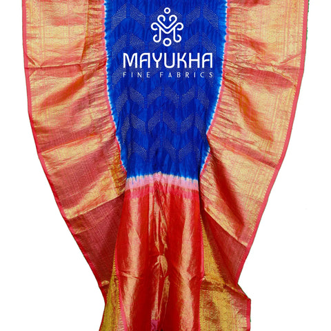 Blue and Orangy Red Banarsi Saree - Kanchi Bandhini Mayukhafabs