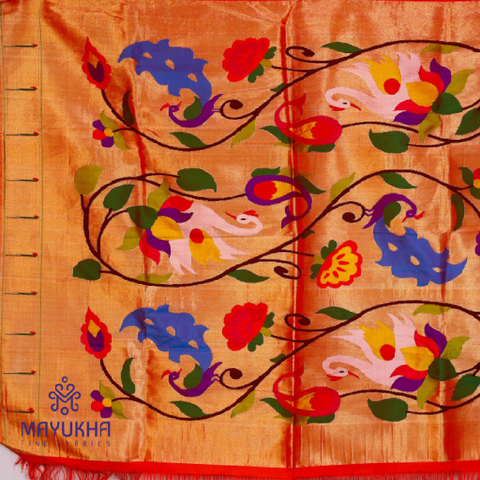 Gold Paithani blouse with vines, flowers and peacock motifs Mayukhafabs